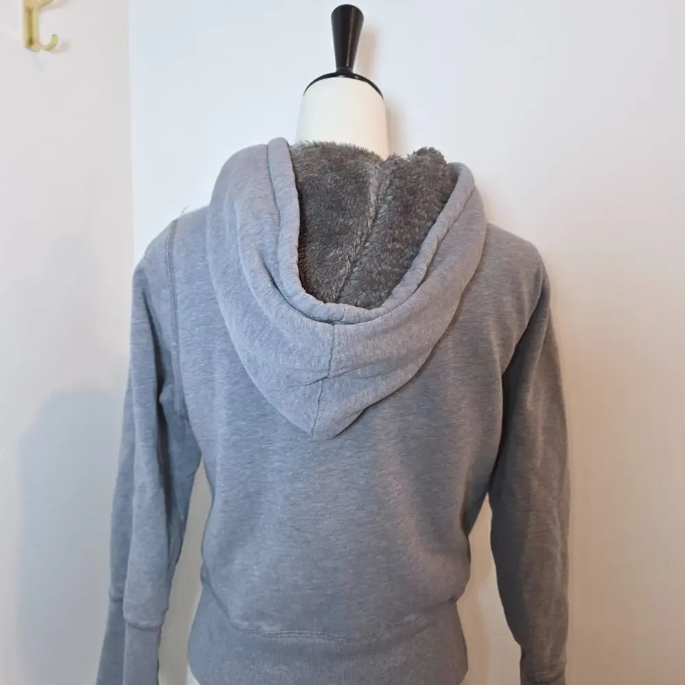 Vtg Womens Y2k Hoodie Sweatshirt Size L Full Zip Sherpa Spellout Gray Cropped